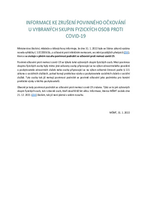 INFORMACE KE ZRUŠENÍ POVINNÉHO OČKOVÁNÍ U VYBRANÝCH SKUPIN FYZICKÝCH OSOB PROTI COVID-19