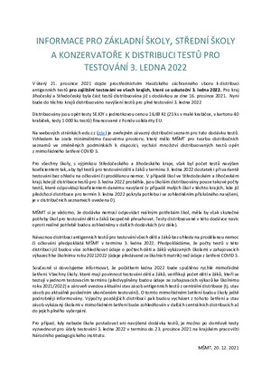 INFORMACE PRO ZÁKLADNÍ ŠKOLY, STŘEDNÍ ŠKOLY A KONZERVATOŘE K DISTRIBUCI TESTŮ PRO TESTOVÁNÍ 3. LEDNA