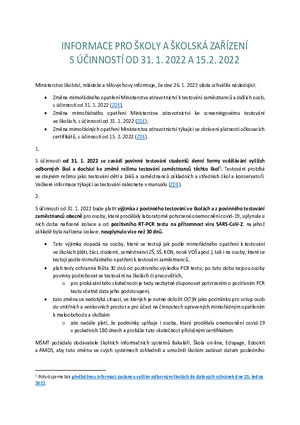 INFORMACE PRO ŠKOLY A ŠKOLSKÁ ZAŘÍZENÍ S ÚČINNOSTÍ OD 31. 1. 2022 A 15.2. 2022