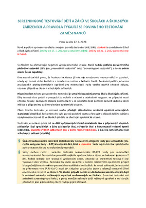 SCREENINGOVÉ TESTOVÁNÍ DĚTÍ A ŽÁKŮ VE ŠKOLÁCH A ŠKOLSKÝCH  ZAŘÍZENÍCH