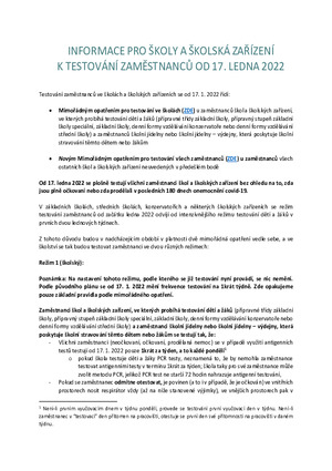 INFORMACE PRO ŠKOLY A ŠKOLSKÁ ZAŘÍZENÍ K TESTOVÁNÍ ZAMĚSTNANCŮ OD 17. LEDNA 2022