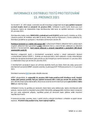 INFORMACE K DISTRIBUCI TESTŮ PRO TESTOVÁNÍ 13. PROSINCE 2021