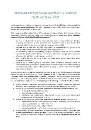 INFORMACE PRO ŠKOLY A ŠKOLSKÁ ZAŘÍZENÍ S ÚČINNOSTÍ OD 15. LISTOPADU 2021