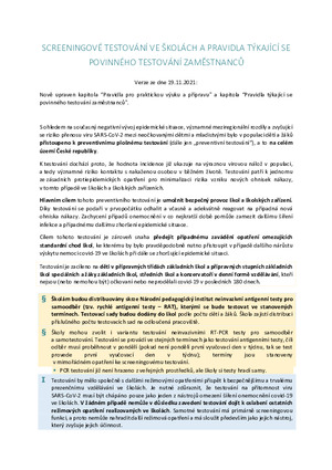 SCREENINGOVÉ TESTOVÁNÍ VE ŠKOLÁCH A PRAVIDLA TÝKAJÍCÍ SE POVINNÉHO TESTOVÁNÍ ZAMĚSTNANCŮ