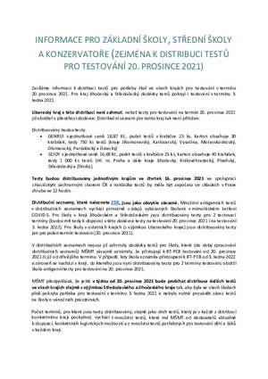 INFORMACE PRO ZÁKLADNÍ ŠKOLY, STŘEDNÍ ŠKOLY A KONZERVATOŘE (ZEJMÉNA K DISTRIBUCI TESTŮ PRO TESTOVÁNÍ