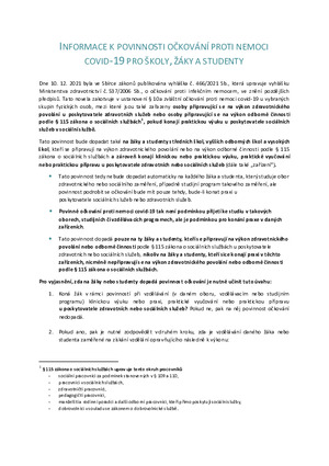 INFORMACE K POVINNOSTI OČKOVÁNÍ PROTI NEMOCI COVID-19 PRO ŠKOLY, ŽÁKY A STUDENTY