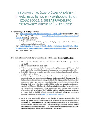 INFORMACE PRO ŠKOLY A ŠKOLSKÁ ZAŘÍZENÍ TÝKAJÍCÍ SE ZMĚNY DOBY TRVÁNÍ KARANTÉNY A IZOLACE