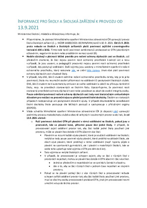 INFORMACE PRO ŠKOLY A ŠKOLSKÁ ZAŘÍZENÍ K PROVOZU OD 13.9.2021