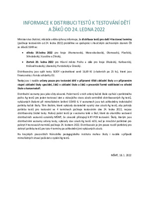 INFORMACE K DISTRIBUCI TESTŮ K TESTOVÁNÍ DĚTÍ A ŽÁKŮ OD 24. LEDNA 2022