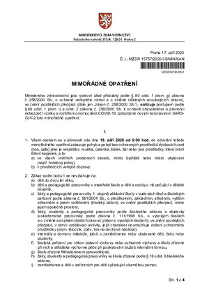 Mimoradne opatreni noseni ochrannych prostredku dychacich cest s vyjimkami s ucinnosti od 18.9.2020