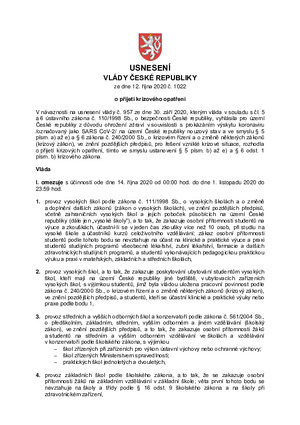 Usnesení vlády České republiky 12.10.2020
