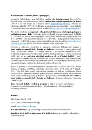 Informace o činnosti školního psychologa