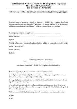 Informovaný souhlas - šk. psycholog - ZŠ Morávkova