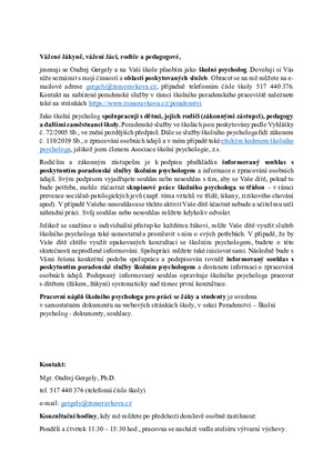 Informace o činnosti školního psychologa