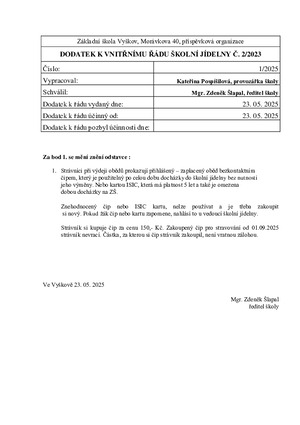 Vnitřní řád školní jídelny - dodatek č. 1